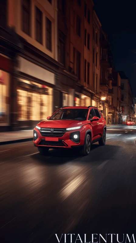 Captivating Night Scene: Red 2020 Honda Cross SUV Driving in the City AI Image