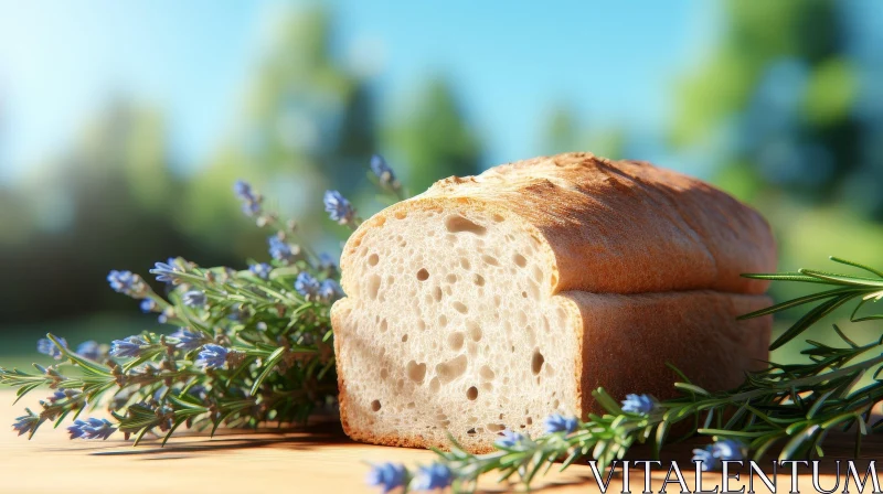 Delicious Sliced Bread with Lavender Flowers and Rosemary on Wooden Table AI Image