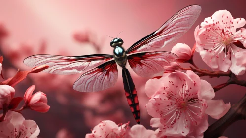 Dragonfly and Cherry Blossoms Close-up