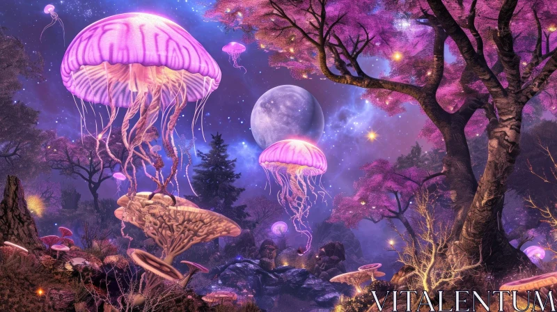 Enchanting Forest Encounter with Jellyfish Creatures AI Image