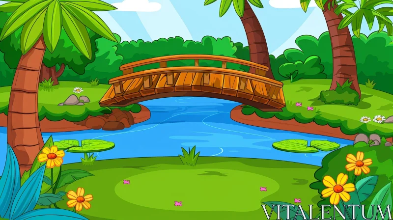 Lush Jungle Vector Illustration with River and Bridge AI Image
