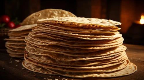 Stack of Thin Toasted Flatbreads on Wooden Table