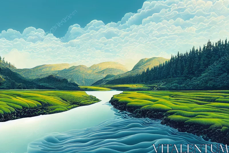 Tranquil Nature Scene with Flowing Streams | Realistic Landscape Painting AI Image