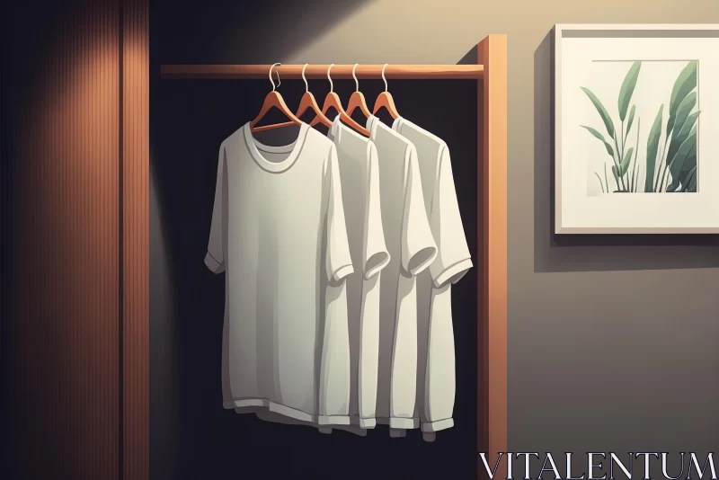 AI ART White T-Shirts Hanging in Closet - Cartoon Realism and Dramatic Lighting