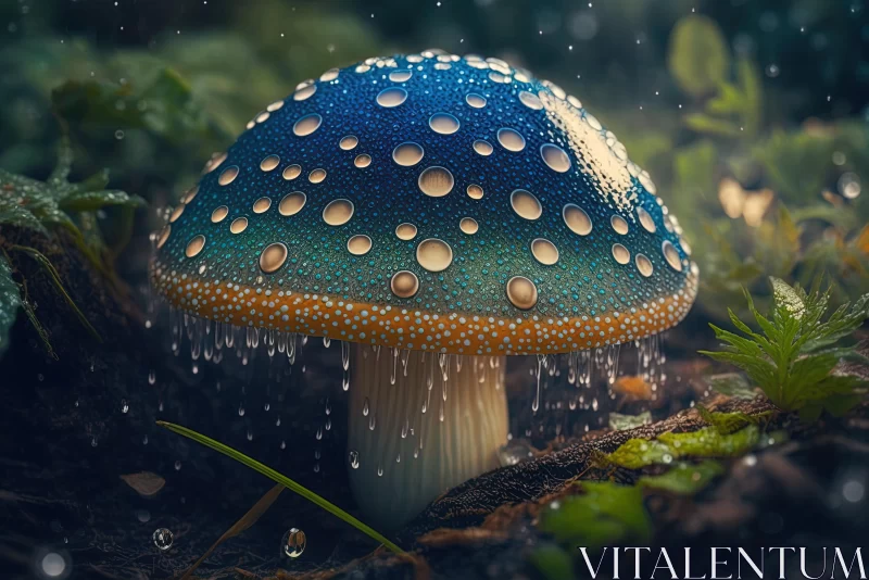 Blue Mushroom with Water Drops in Woods - Realistic Hyper-Detailed Rendering AI Image