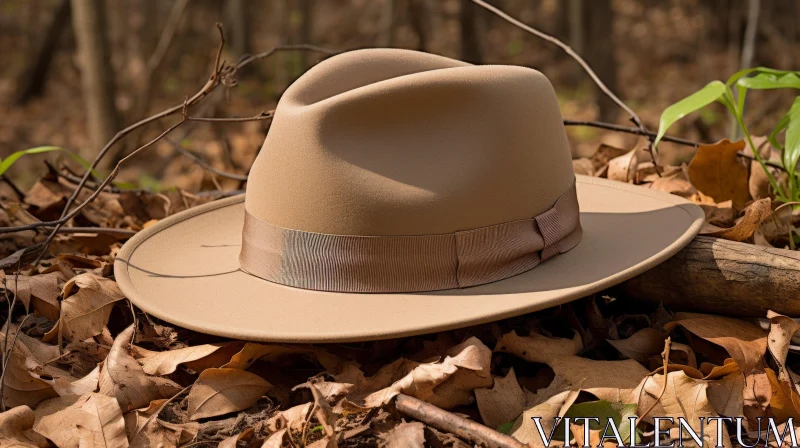 AI ART Brown Fedora Hat on Dry Leaves