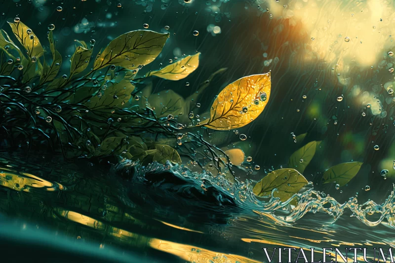 Captivating Image of Leaves and Water: Realism with Fantasy Elements AI Image