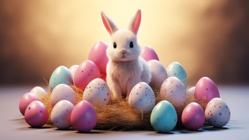 Charming White Bunny and Colorful Easter Eggs