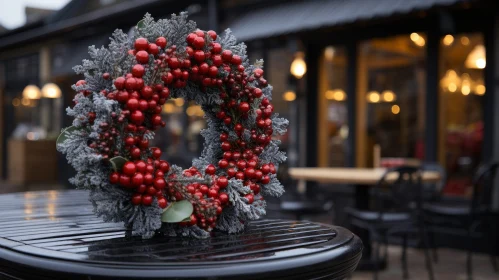 Christmas Wreath with Red Berries and Green Leaves
