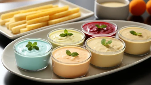 Colorful Dips in Glass Bowls on Black Table