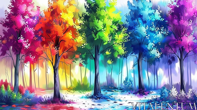 Colorful Forest Painting with Vibrant Trees and Path AI Image
