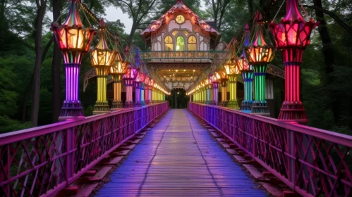 Enchanting Wooden Bridge and Clock Tower in Forest at Night