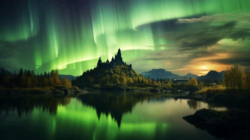 Enigmatic Castle on Lake with Aurora Borealis - Nature Wonders