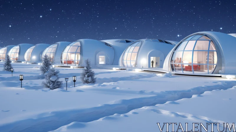 AI ART Futuristic Snow Hotel in Night Landscape