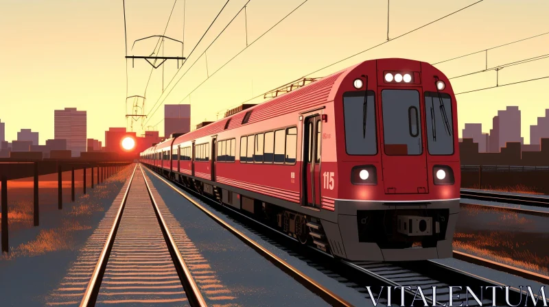 AI ART Red and Gray Commuter Train Speeding Past Urban Landscape at Sunset