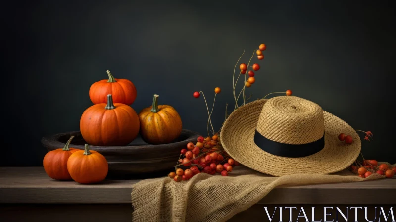 Rustic Still Life with Pumpkins and Straw Hat AI Image