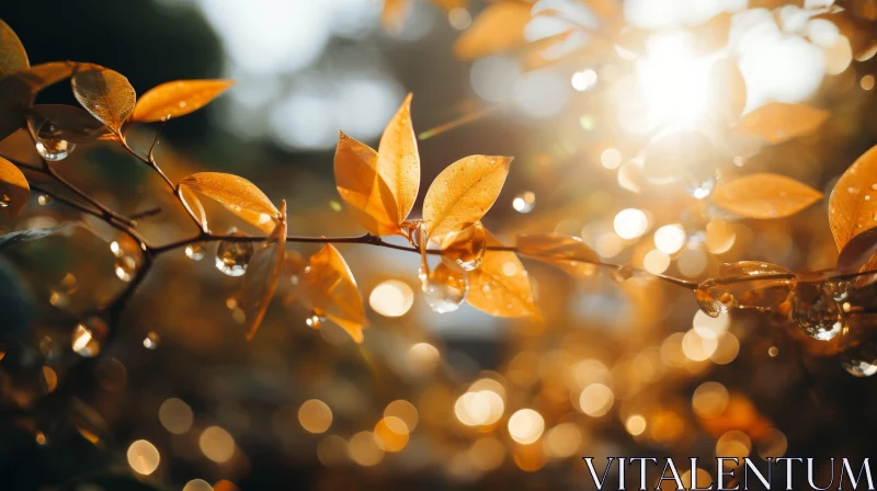 Sunlit Tree Branch with Orange Leaves in Forest AI Image