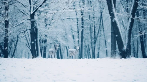 Tranquil Winter Scene with White Deer in Snowy Forest