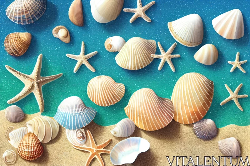 Vibrant Beach Scene with Starfish and Shells - Colorful Animated Illustrations AI Image