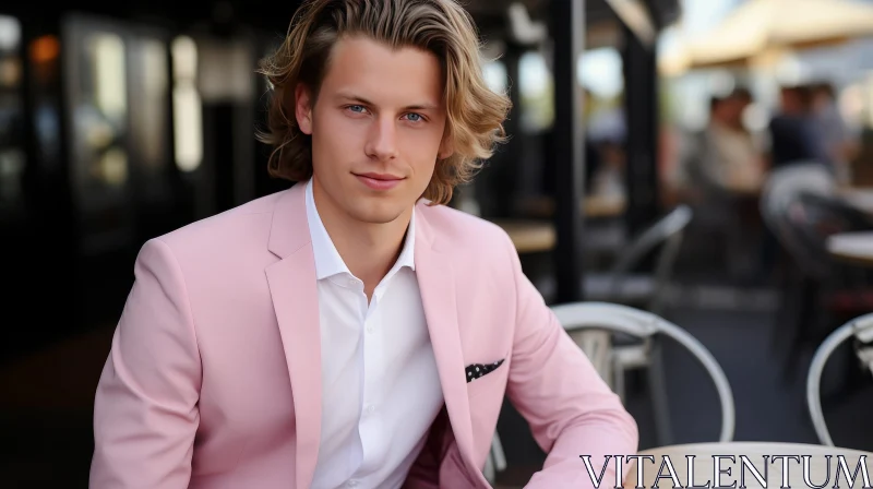 Young Man in Pink Suit at Outdoor Seating Area AI Image