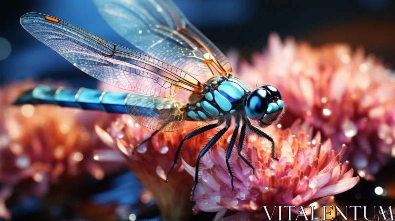 AI ART Blue Dragonfly on Pink Flower - Nature Close-up