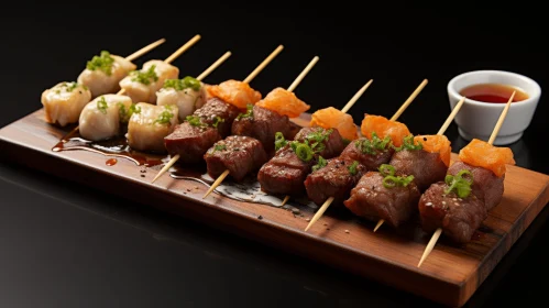 Delicious Grilled Meat and Seafood Skewers on Wooden Plate