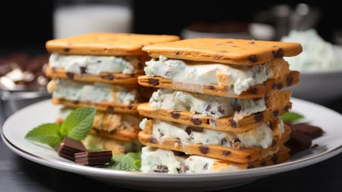 Delicious Ice Cream Sandwiches with Chocolate Chip Cookies and Mint