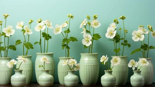 Green Ceramic Vases with White Flowers on Wooden Surface