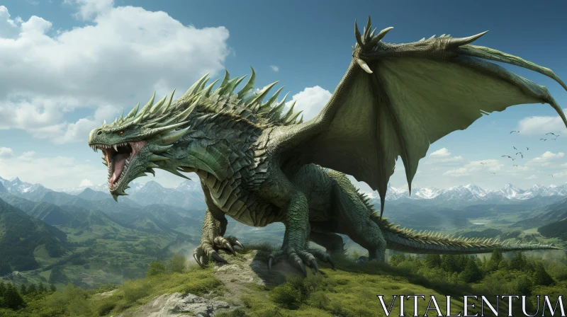 AI ART Green Dragon on Rocky Hilltop - Fantasy Digital Painting