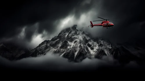 Helicopter Flying Through Snow-Covered Mountain Pass
