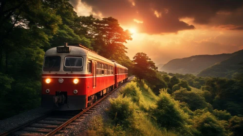 Red and White Train in Lush Green Forest at Sunset