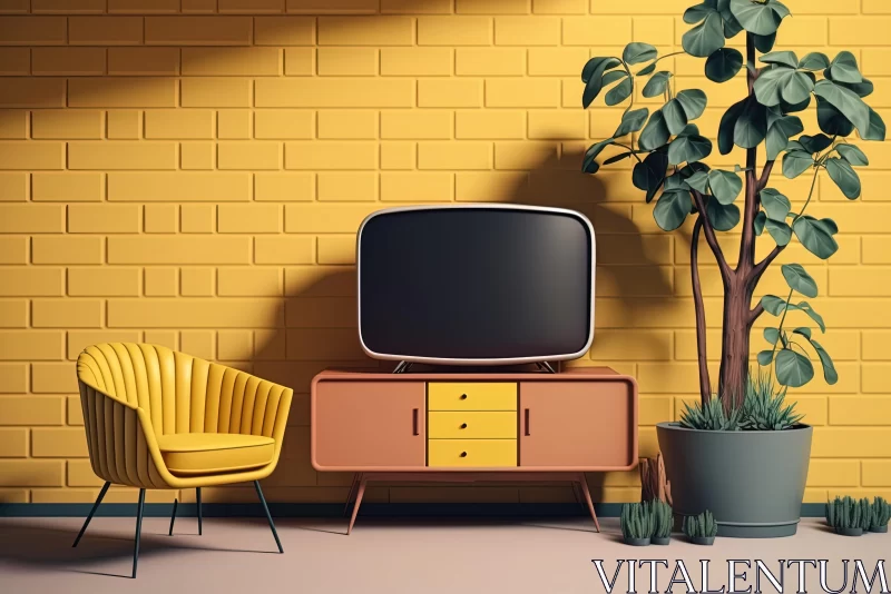 Retro Futurism Living Room with Yellow TV, Chair, and Plant AI Image