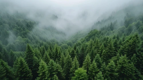 Serene Aerial View of Coniferous Forest on Foggy Day