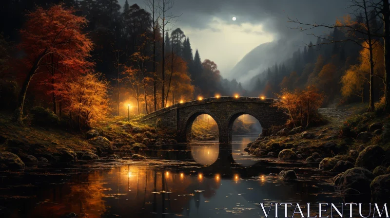 Tranquil Autumn Bridge Landscape AI Image