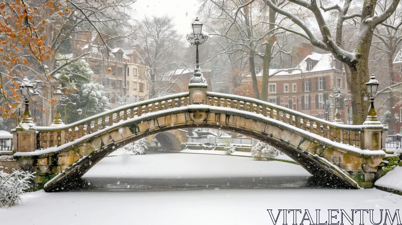 AI ART Winter Cityscape: Stone Bridge Over Frozen Canal