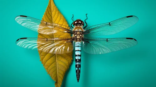 Blue Dragonfly on Yellow Leaf - Close-up Nature Photo