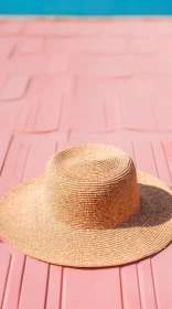 Brown Straw Hat on Pink Concrete Slab - Fashion Background