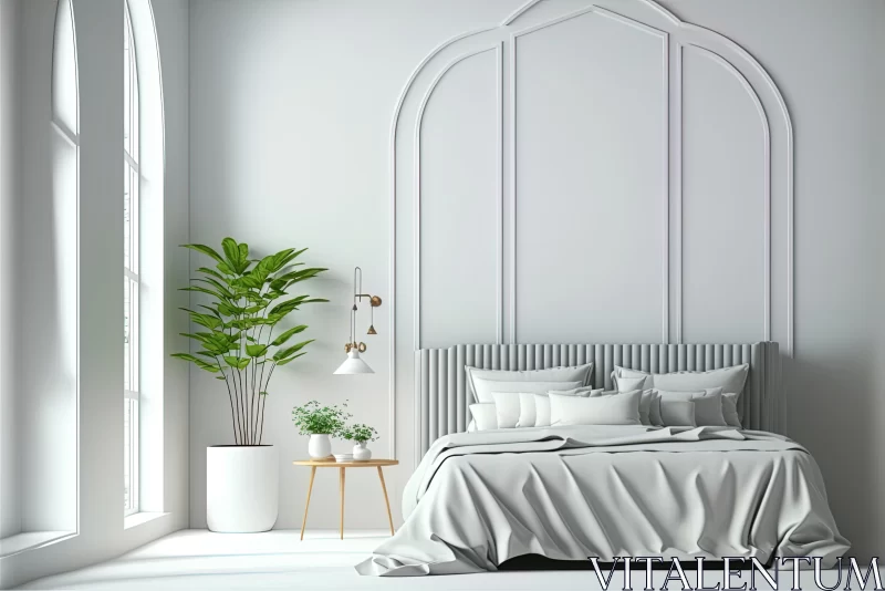 Elegant White Bedroom with Arched Window and Neoclassical Clarity AI Image