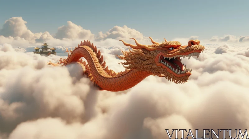 Golden Dragon in Clouds: 3D Fantasy Artwork AI Image