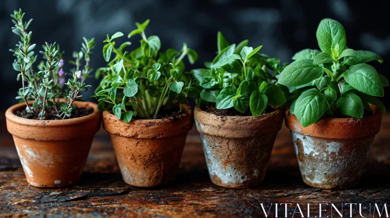 Green Herb Plants in Clay Pots on Wooden Surface AI Image