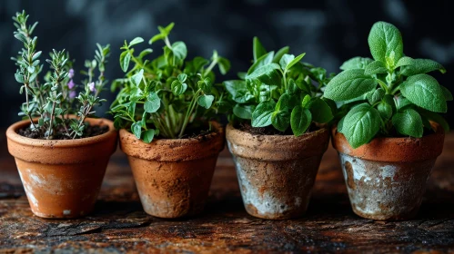 Green Herb Plants in Clay Pots on Wooden Surface