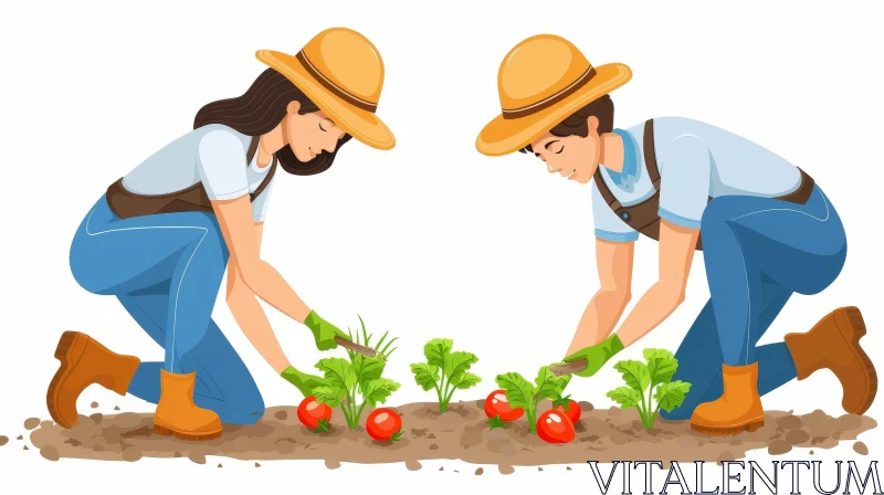 Harvesting Vegetables in Garden - Cartoon Style AI Image