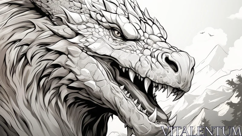 Intriguing Dragon Head Drawing in Monochrome AI Image