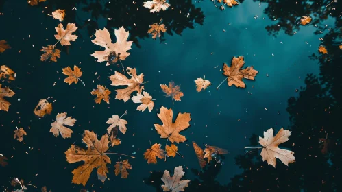 Tranquil Maple Leaves on Dark Blue Pond