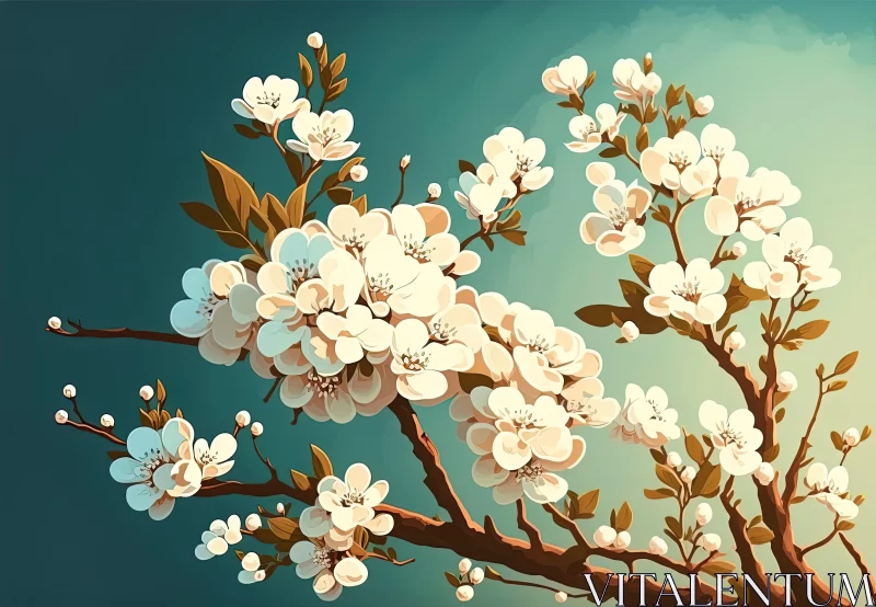 White Blossoms on Branch: Colored Cartoon Style Painting AI Image