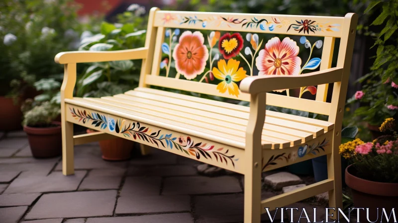 AI ART Yellow Wooden Bench with Floral Pattern in Garden