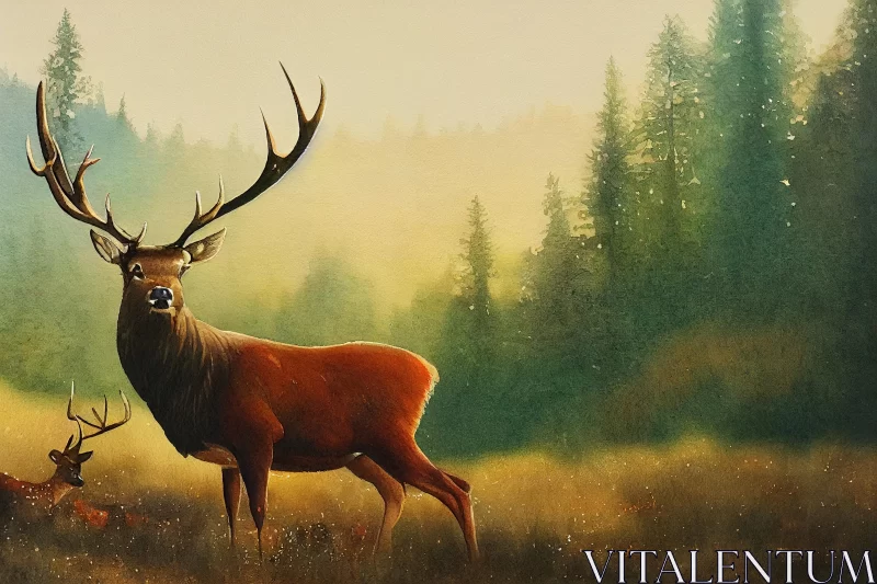 Captivating Oil Painting of Red Deer in Meadow | Detailed Hunting Scenes AI Image