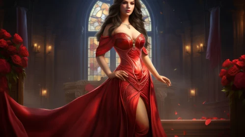 Elegant Woman in Red Dress Standing in Room