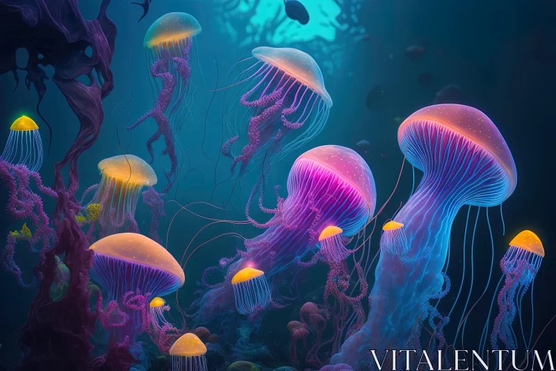 AI ART Enchanting Jellyfish in the Deep Blue Ocean
