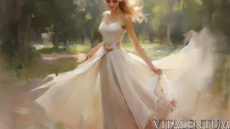 Enchanting Woman in White Dress Standing in Sunlit Forest AI Image